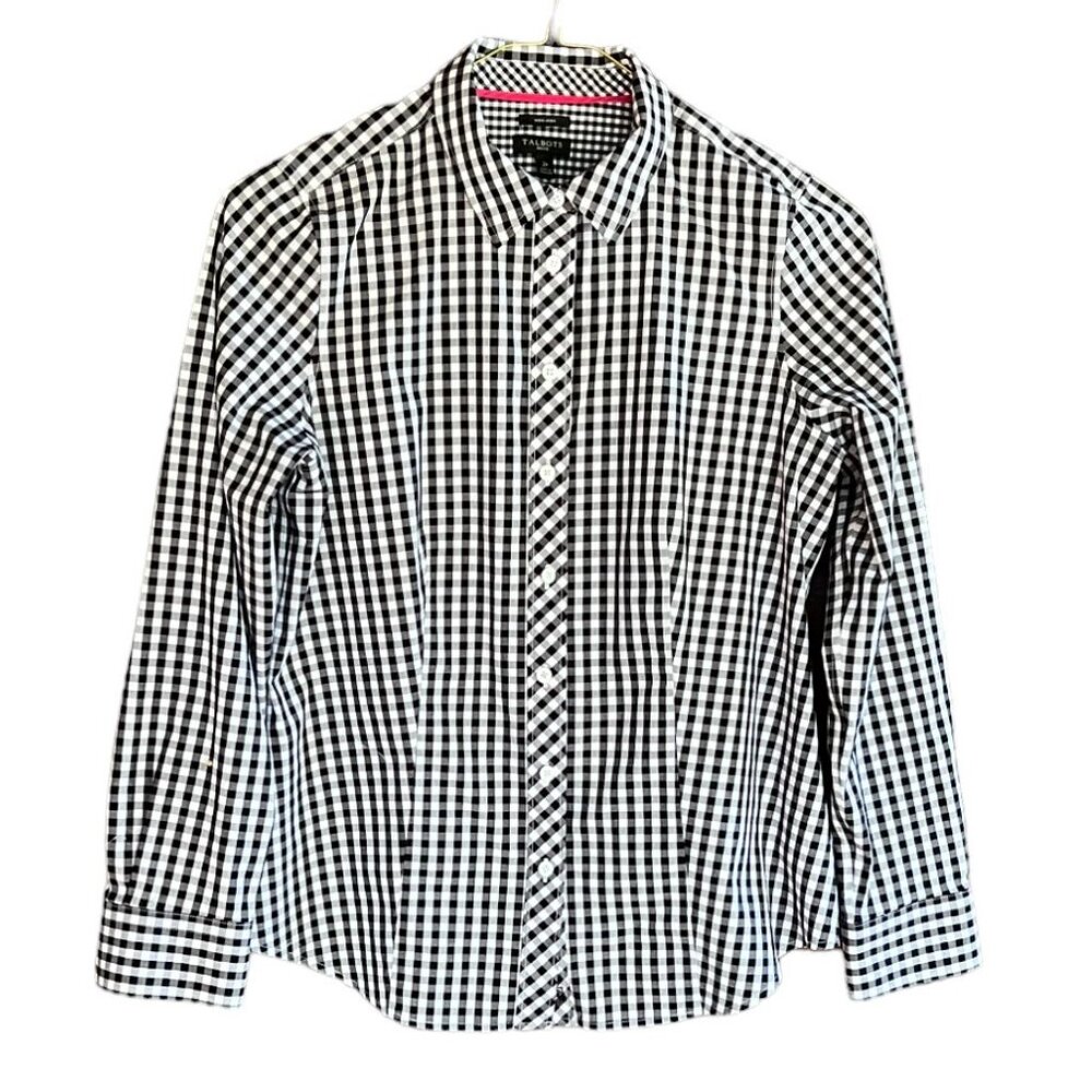 Talbots Petite Non-Iron Black/White Gingham Long Sleeve Button Down Shirt Sz 2P